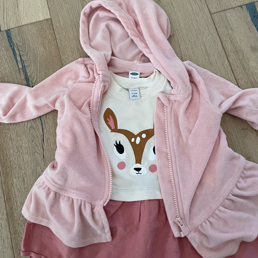 Old Navy baby girl pink hooded jacket and deer long sleeve dress 6-12 months